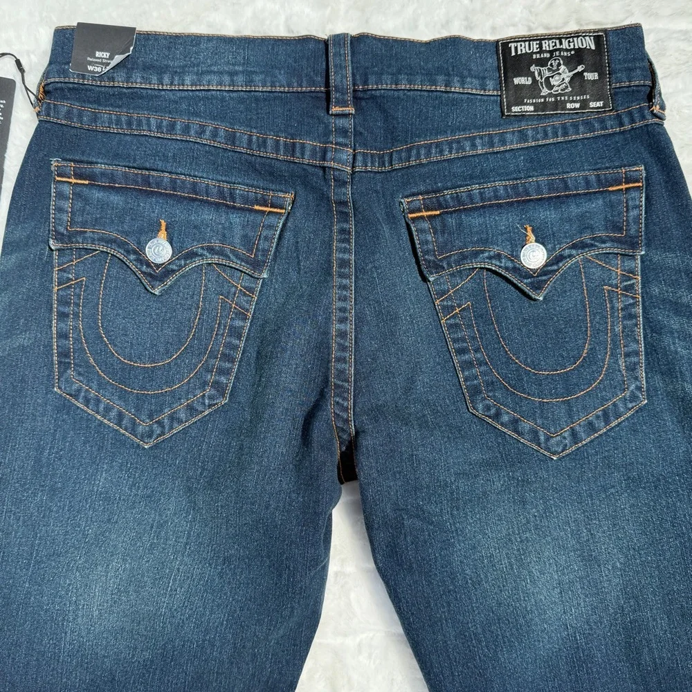 TRUE RELIGION Men's Ricky Flap SN Relaxed Straight Leg Jeans SIZE 36x32 Dark NEW